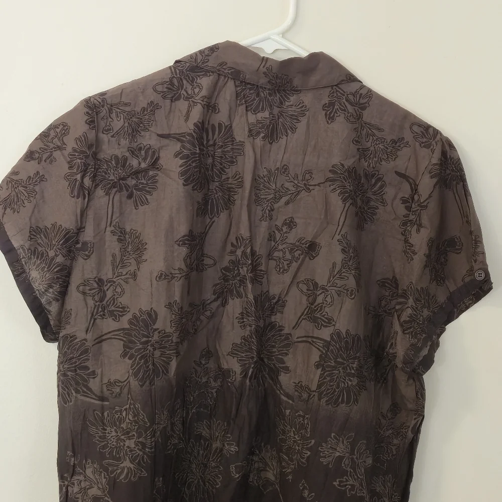 Denver Hayes XL Brown Ombre Floral Cotton Short Sleeve Blouse Tropical Boho - Picture 9 of 15